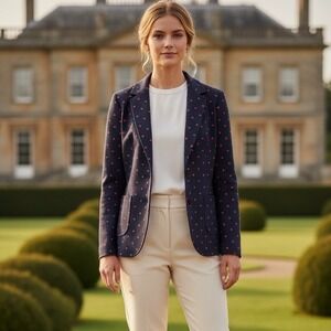 Talbots Petite Navy Red Polka Dot Blazer Jacket Size 4P Preppy Old Money